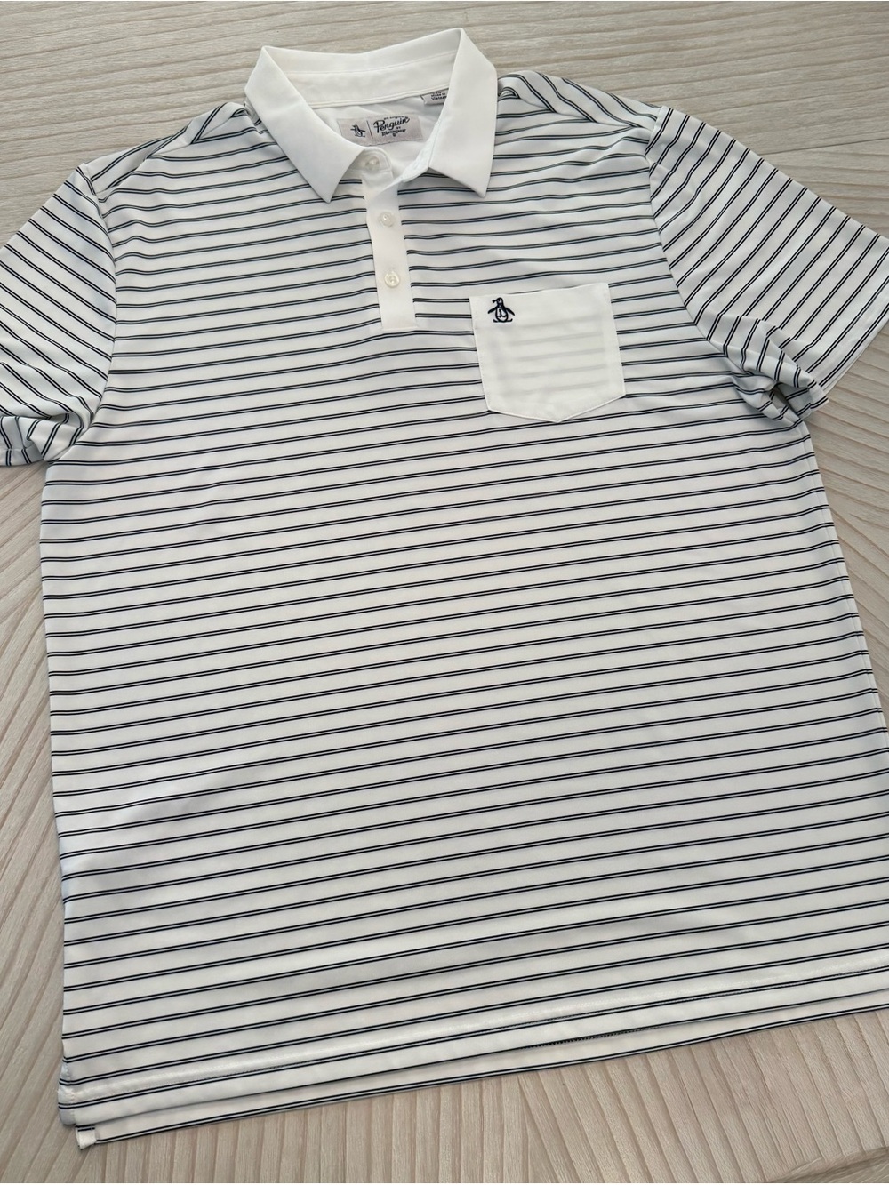 Original Penguin White Polo with Thin Navy Stripes and Pocket